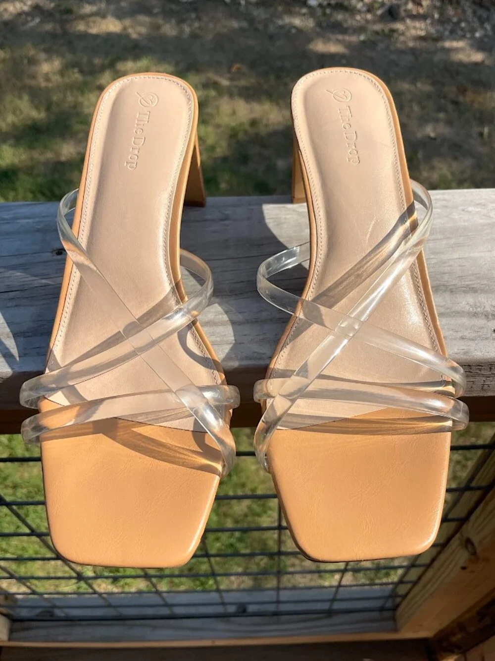 The Drop Clear Strap Slim Block Heel Sandals Quiet Luxury Tan 9.5 EUC
